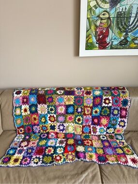 Handmade Crochet Granny Square Blanket Throw Multi Color Flowers Boho 34" x 41"